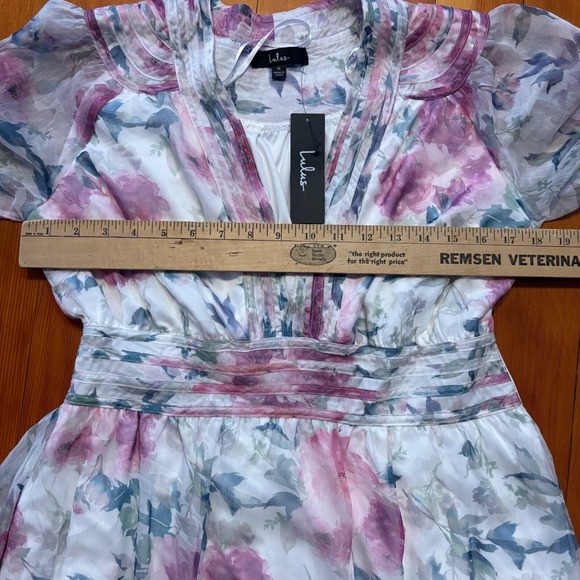 Lulus NWT Floral Mini Dress Long Sleeve V‎ Neck Smocked Waist Party White Medium - Picture 5 of 8